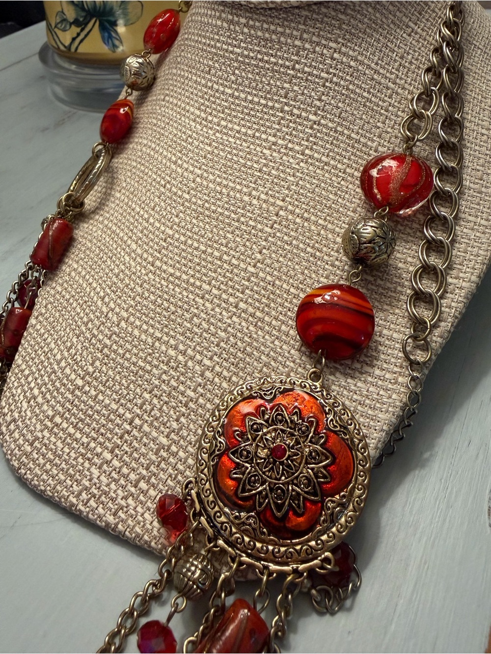 Red Multi-Strand Bead Necklace with Charm
